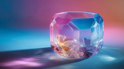 Unique crystal glass art piece showcases a vibrant gradient of neon CMYK colors in a creative