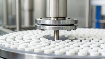 Blurred close-up of tablet press machine producing white pills on rotating platform
