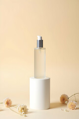A bottle of perfume beautifully showcased with a delicate flower