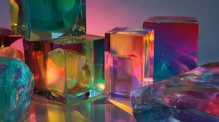 Abstract crystal sculptures filled with vibrant dyed liquid create a captivating visual interplay