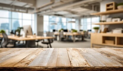 Wooden Table Top Surface with Modern Office in Background for product mockup