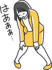 膝に手を当ててため息をつく女性