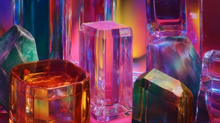 Vibrant CMYK neon liquid fills crystal glass sculptures, creating an abstract, colorful,