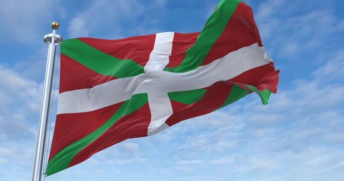 Basque Country flag with flagpole waving in wind, rolling clouds background looping, 4K video (Perfect Loop)