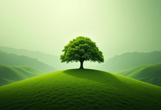 A beautiful green tree on the green hill 
