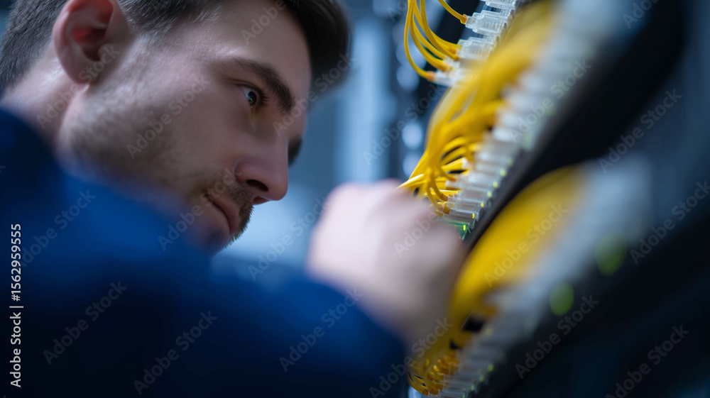 Poster network engineer working with fiber optic cables in server room, focused and professional atmosphere