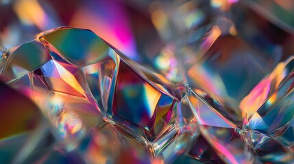 Abstract close-up shows refracting light through crystal, creating vibrant neon CMYK hues and