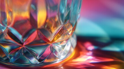 A crystal glass refracts a dazzling display of vibrant neon colors, creating an abstract and dreamy