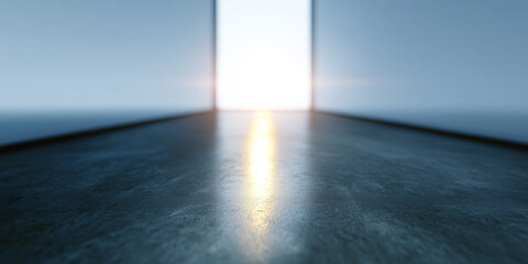Bright sunlight streaming through open doorway onto polished floor, modern minimal interior, hopeful atmosphere