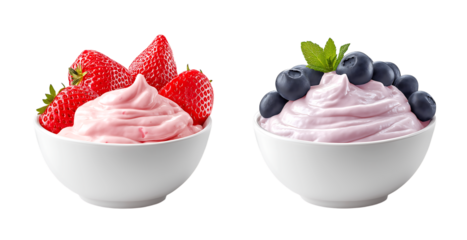 Two bowls of strawberry and blueberry yogurt with fruits topping on top isolated on a transparent background