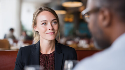 Businesswoman professional meeting discussion smiling restaurant indoor conversation formal confident adult