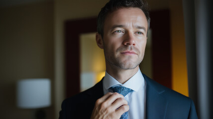 Confident businessman adjusting tie in modern hotel room, preparing for important meeting, natural light, focused expression