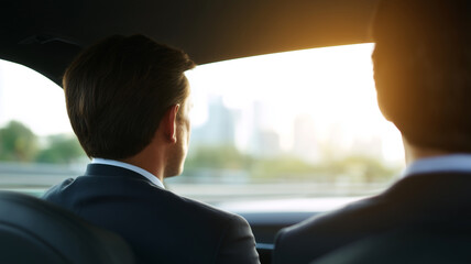 Businessman in suit sitting in car with colleague, looking out window at city skyline during sunrise