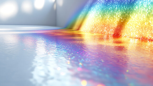 Rainbow light refraction on white surface creates a colorful abstract display of vibrant colors