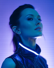 Confident woman futuristic style glowing collar blue lighting leather vest modern portrait fashion