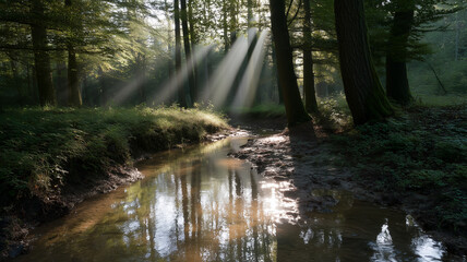 Sunbeams forest creek reflection morning tranquil green nature peaceful sunlight serene water landscape