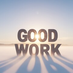Wooden "Good Work" Text with Sunburst and Shadow on Misty Landscape.
