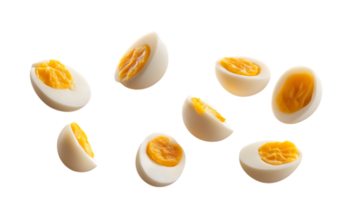 Boiled eggs floating in the air isolated on a transparent background