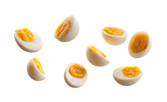 Boiled eggs floating in the air isolated on a transparent background - Powered by Adobe