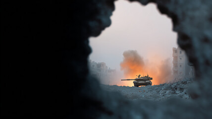 Urban warfare military tank firing through gap, explosion, smoke, destruction, dramatic, conflict, city