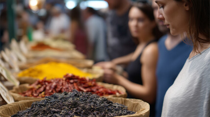 Women shopping spices, dried chili, herbs, and turmeric at vibrant market, focused and curious atmosphere