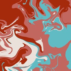 Vibrant Marble Swirl Abstract Hand Painted Liquid Fluid Wave Illustration Background in Red Beige Cream Turquoise 