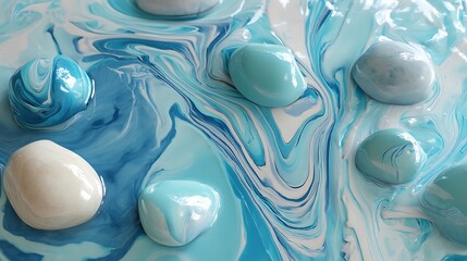 Calmness visualized as liquid marble pools floating in zero gravity, soft pastel blues and whites