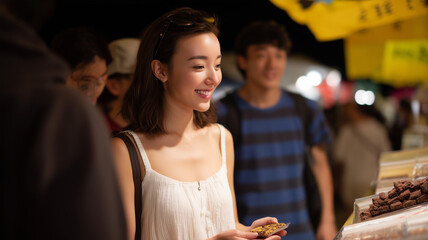 Smiling woman enjoying night market food under bright lights, surrounded by people and colorful stalls