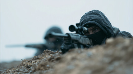Sniper team in camouflage clothing aiming rifles in cold, muddy battlefield, focused and intense expression