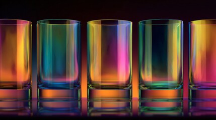 Five crystal tumblers exhibit a captivating play of neon CMYK gradients against a dark, reflective