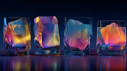 Four translucent crystal tumblers refract neon CMYK gradients reflecting on the dark polished