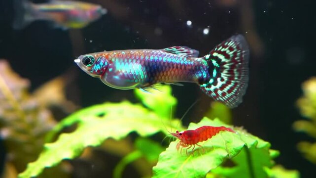 Pair of Guppy Fish in Colorful Aquarium
