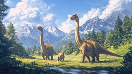 Dinosaurs in a mountain valley