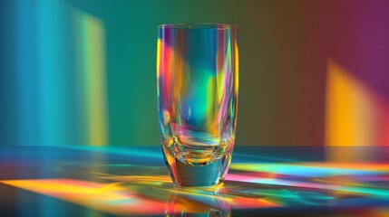 A translucent crystal vase refracts vibrant CMYK neon lights, blending colors across its glass