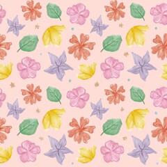 Hand Drawn Vibrant Floral Seamless Pattern In Crayon Style