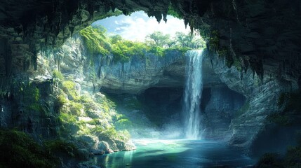 Lush cave waterfall