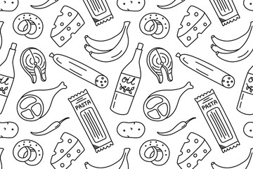 Black and white flat cartoon vector pattern of groceries with food items from supermarket. Outline style illustration for packaging, kitchen textiles, menu backgrounds, wrapping paper, food design
