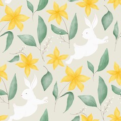 Cute White Bunny with Leaves and Florals Pastel Green And Yellow Seamless Pattern