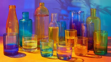 Assorted crystal glass tumblers and bottles in a gradient of neon CMYK colors on a tabletop display.