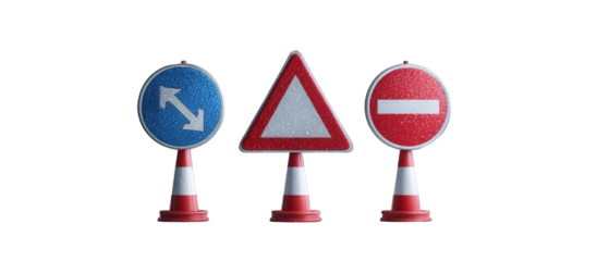 Three traffic signs indicating direction, caution, and prohibition in a clear urban setting