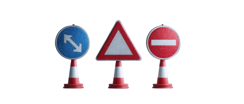 Three traffic signs indicating direction, caution, and prohibition in a clear urban setting