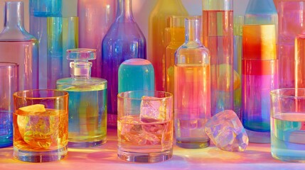 Tabletop still life displaying assorted crystal glass tumblers and bottles in neon CMYK gradient