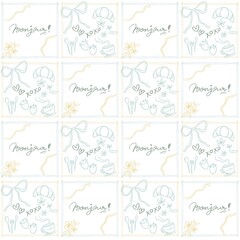 French Parisian Cafe Chic Minimalist Lineart Doodle Seamless Pattern