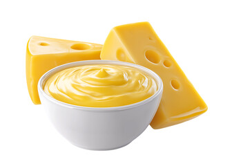 Delicious cheese sauce in a white bowl on transparent background