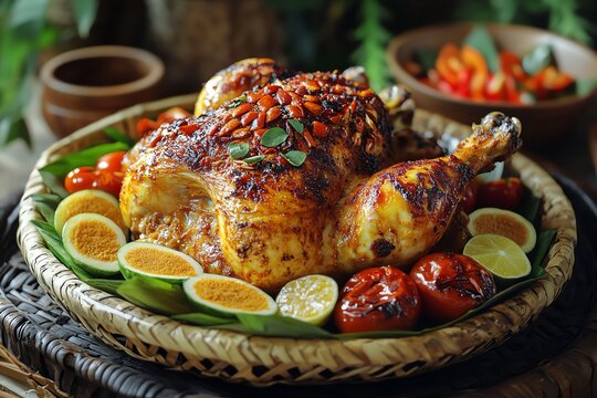 Roast Chicken with Vegetables and Citrus on Woven Basket in Rustic Setting
