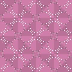 Symmetrical pattern features overlapping geometric shapes in shades of pink and lavender creating a floral-like motif. White outlines accentuate the forms, adding definition and contrast to the design