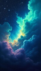 Dreamlike Night Sky Vibrant Cloudscape with Stars and Celestial Glow