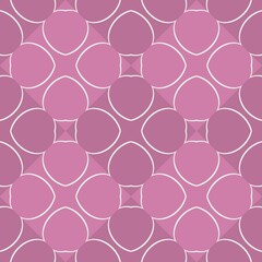 A seamless pattern features a repeating geometric design of overlapping pink shapes resembling petals. The pattern creates a harmonious and symmetrical look with soft, muted tones.