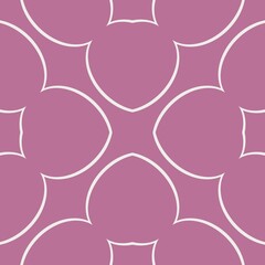 A seamless pattern features abstract shapes connected with thin, white lines on a dusty pink background. The symmetrical design creates a modern and elegant look, suitable for wallpapers or textiles.