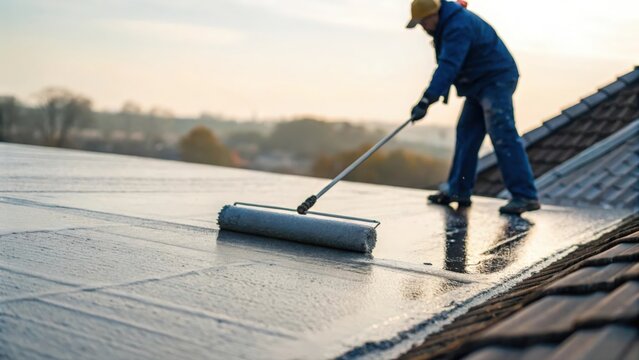 Blurred rooftop setting with roller spreading waterproof cement coating for leak prevention
